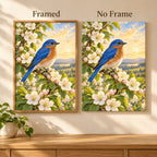 Framed and no-frame comparison for the bluebird apple blossom artwork