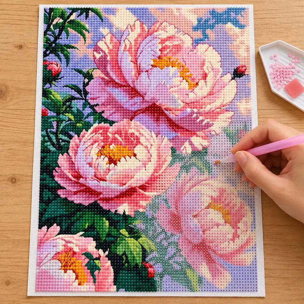 Diamond painting process for blush peony bloom.