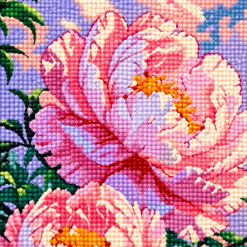 Close-up of diamond drill details in blush peony bloom.