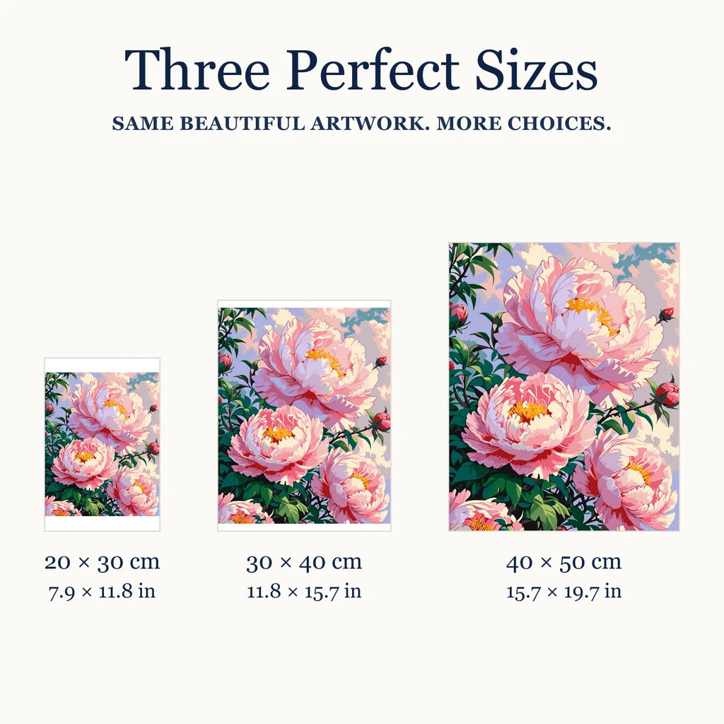 Size guide for Blush Peony Bloom Diamond Painting Kit: 20 × 30 cm, 30 × 40 cm, and 40 × 50 cm.