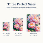 Size guide for Blush Peony Bloom Diamond Painting Kit: 20 × 30 cm, 30 × 40 cm, and 40 × 50 cm.