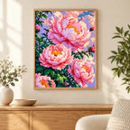 Home decor scene showing blush peony bloom displayed on a wall.