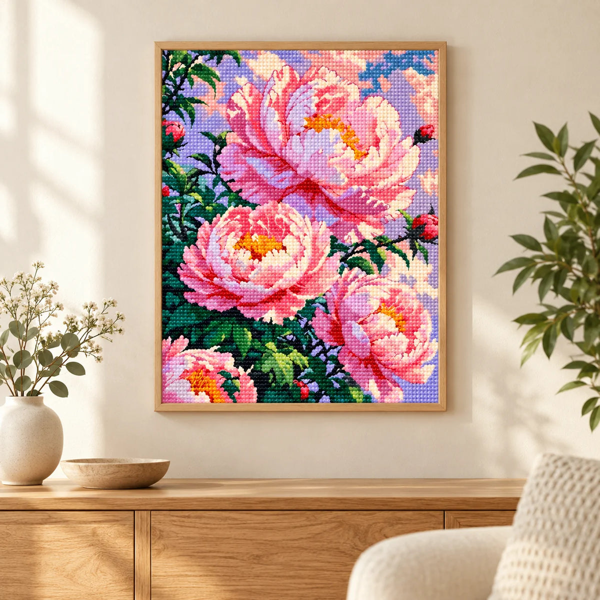 Home decor scene showing blush peony bloom displayed on a wall.