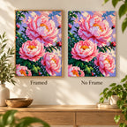 Framed and no-frame comparison for Blush Peony Bloom Diamond Painting Kit.
