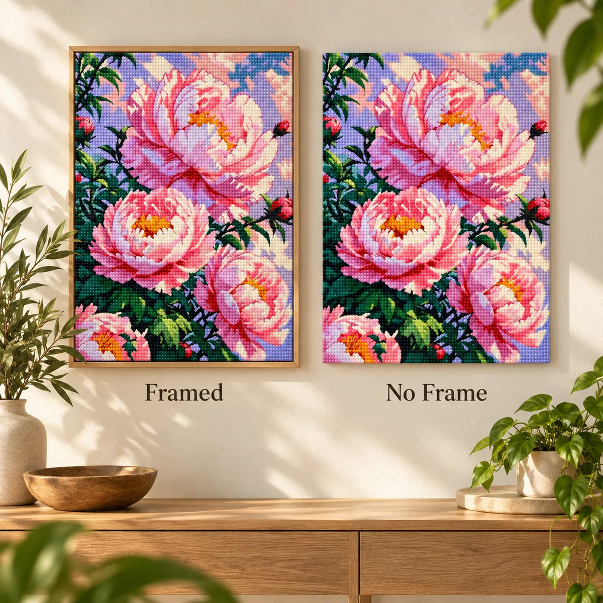 Framed and no-frame comparison for Blush Peony Bloom Diamond Painting Kit.