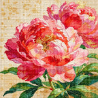 Finished diamond painting of two full blush-pink peony blooms with layered petals and leafy stems.