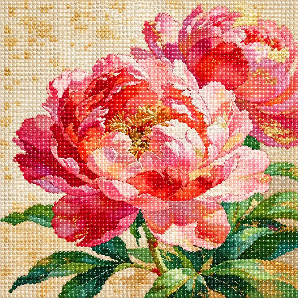 Finished diamond painting of two full blush-pink peony blooms with layered petals and leafy stems.