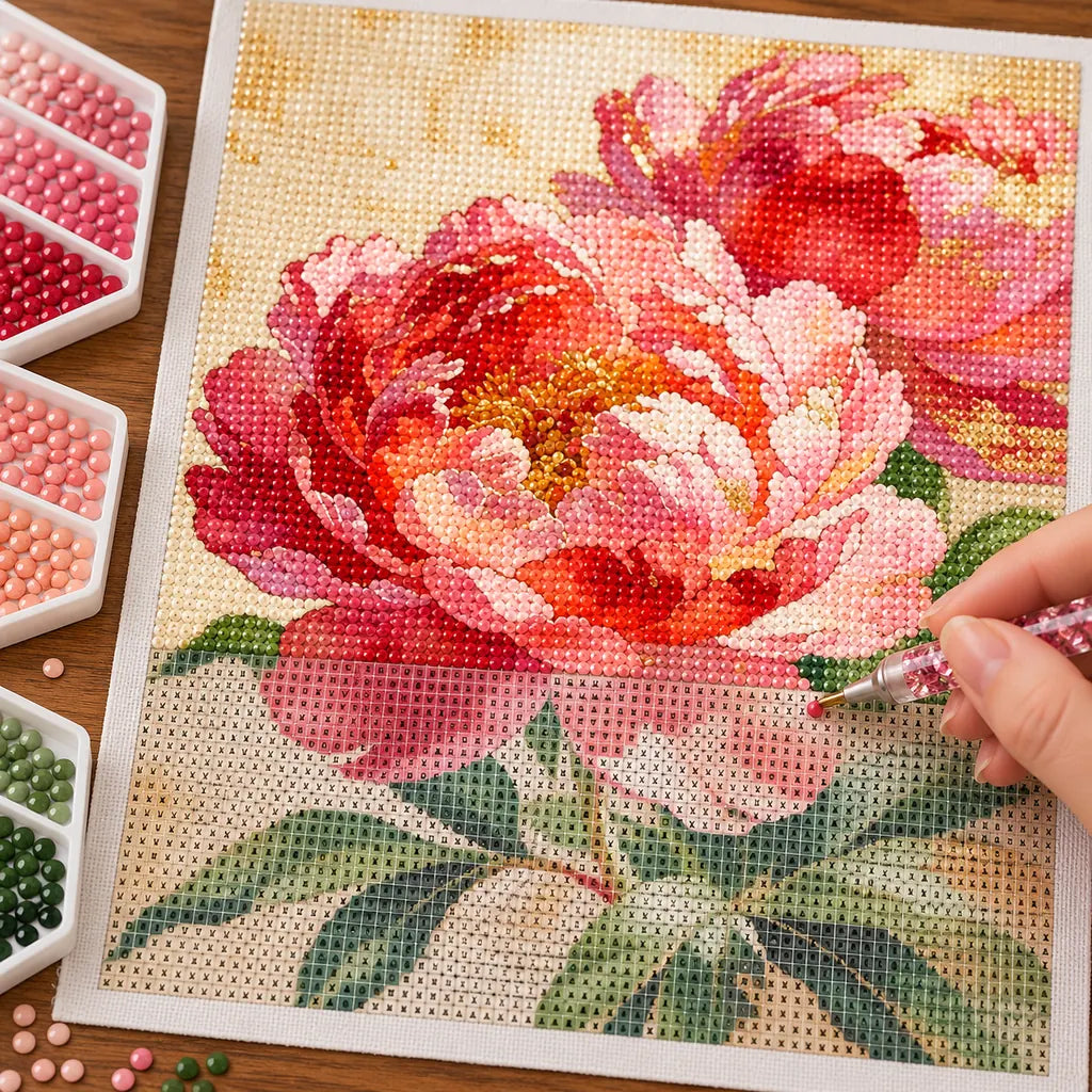 Diamond painting process for Blush Peony Pair Diamond Painting Kit, with drills being placed over two full blush-pink peony blooms with layered petals and leafy stems.