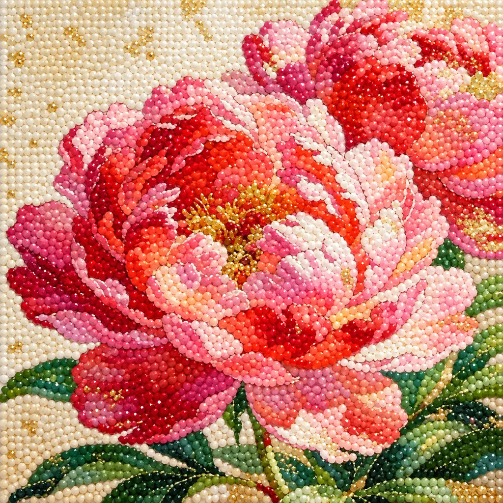 Close-up of diamond drill texture across two full blush-pink peony blooms with layered petals and leafy stems.