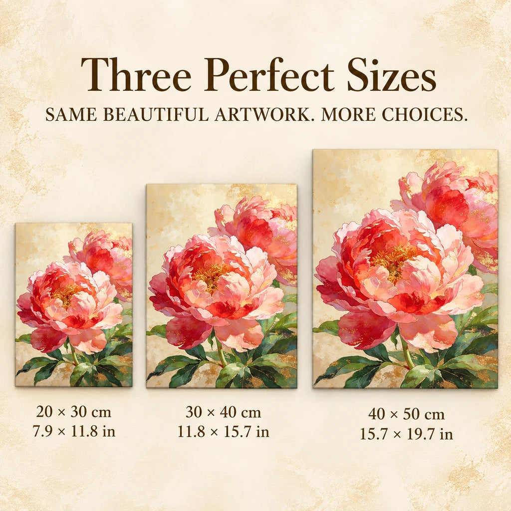 Size guide for Blush Peony Pair Diamond Painting Kit: 20 × 30 cm, 30 × 40 cm, and 40 × 50 cm.