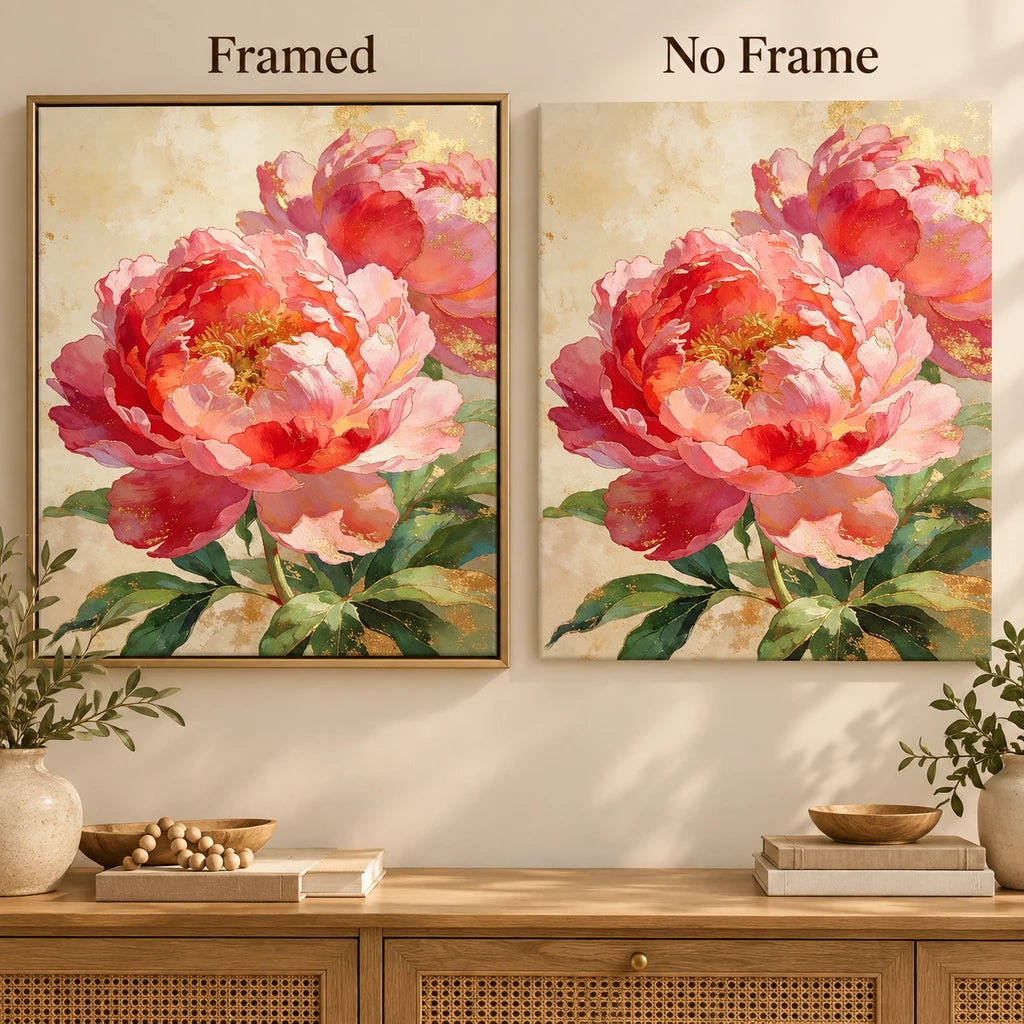 Framed and no-frame comparison for Blush Peony Pair Diamond Painting Kit.