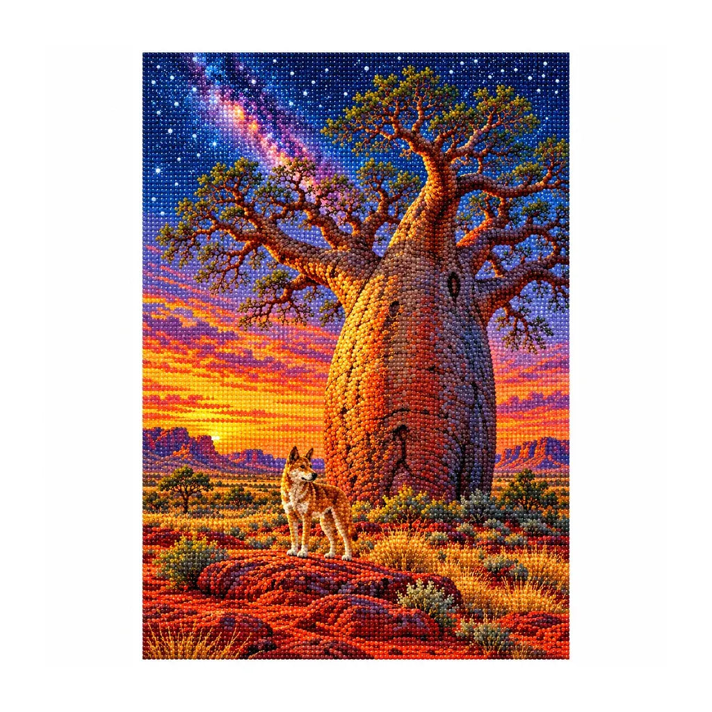 White-background finished diamond painting of Boab Tree Dingo.