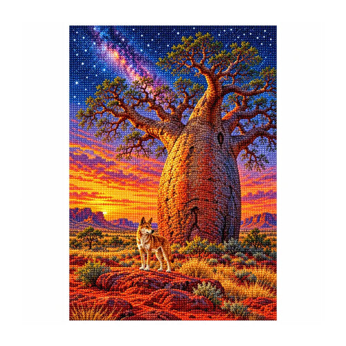 White-background finished diamond painting of Boab Tree Dingo.
