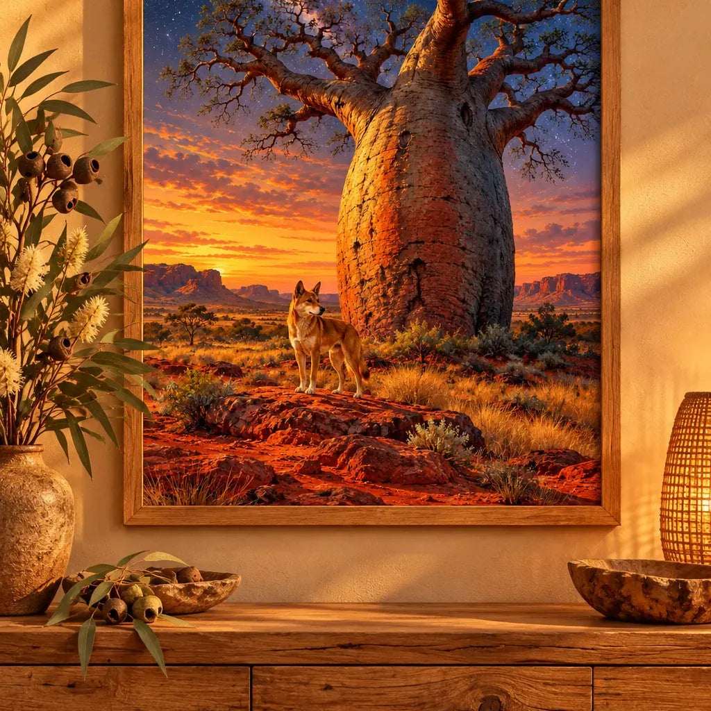 Framed Boab Tree Dingo diamond painting displayed as home decor.