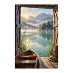 Original artwork of a timber boathouse opening onto a misty mountain lake.