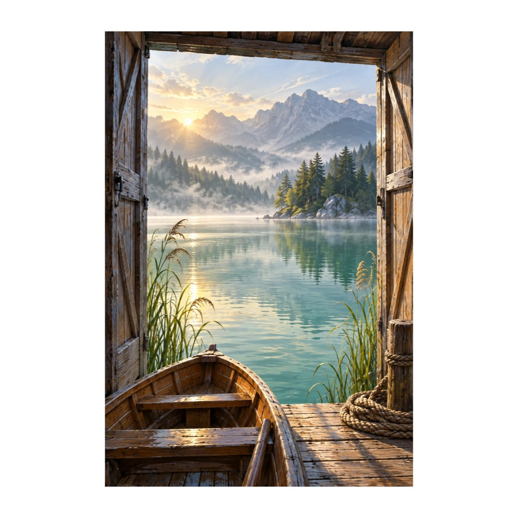 Original artwork of a timber boathouse opening onto a misty mountain lake.