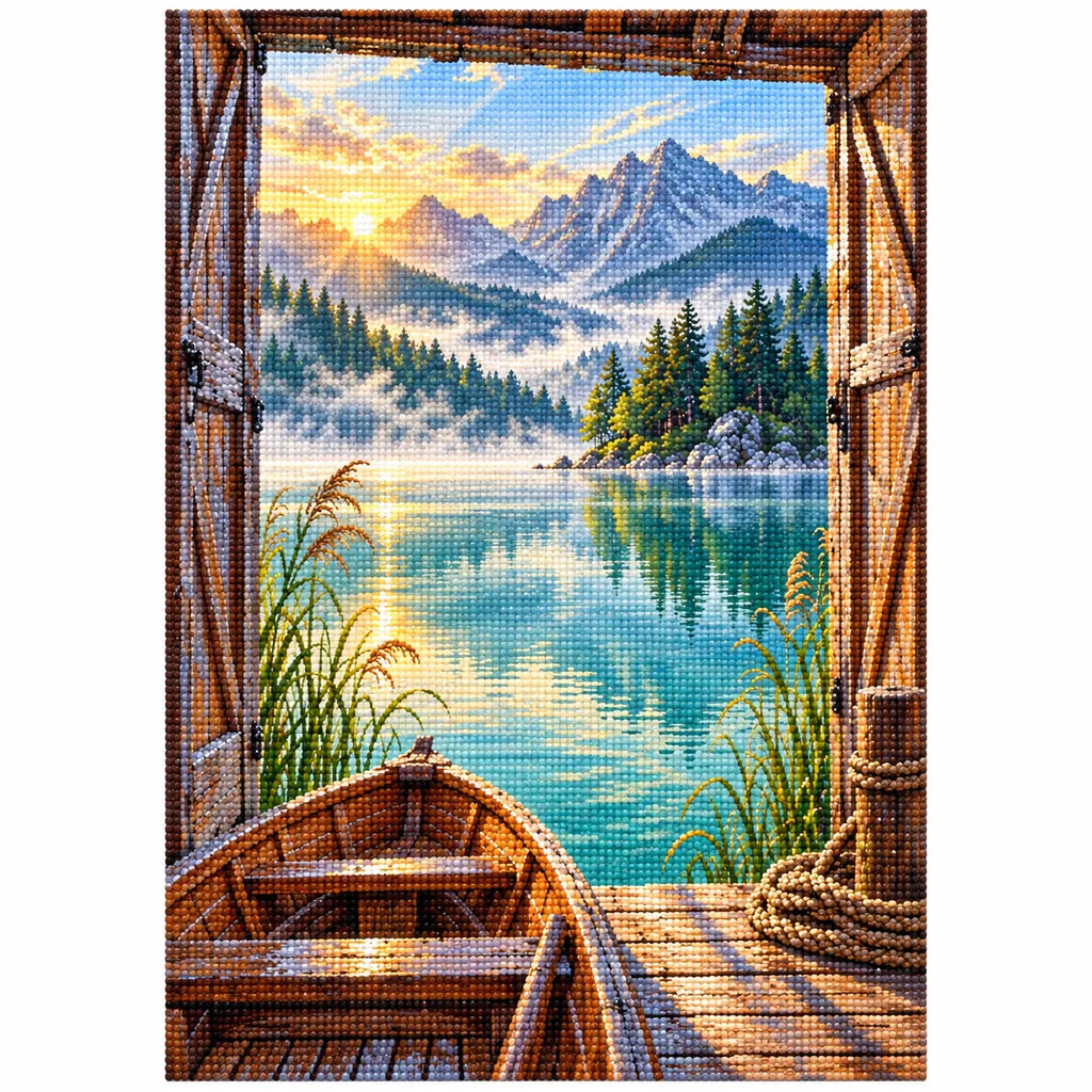 Finished diamond painting of a boat and mountain lake framed by a boathouse on a white background.