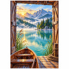 Finished diamond painting of a boat and mountain lake framed by a boathouse on a white background.