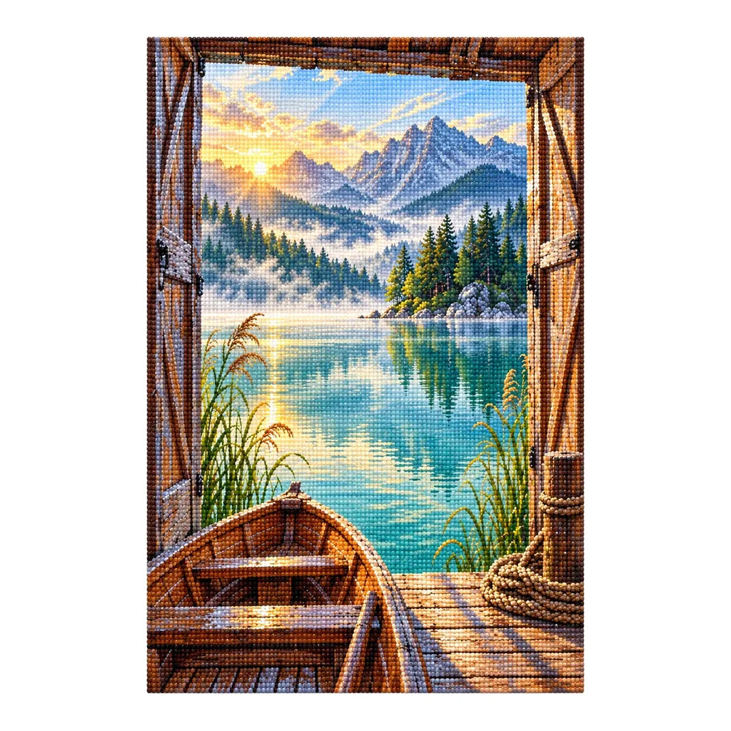 Finished diamond painting of a boat and mountain lake framed by a boathouse on a white background.