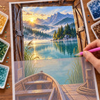 In-progress diamond painting of the boathouse and misty lake design.