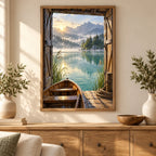 Home decor scene featuring the misty lake boathouse diamond painting in a framed display.