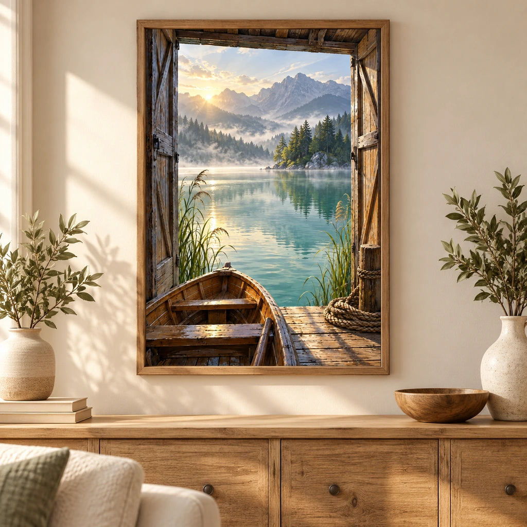 Home decor scene featuring the misty lake boathouse diamond painting in a framed display.