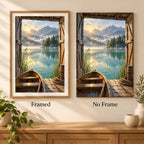 Framed and no-frame comparison for the misty lake boathouse diamond painting.
