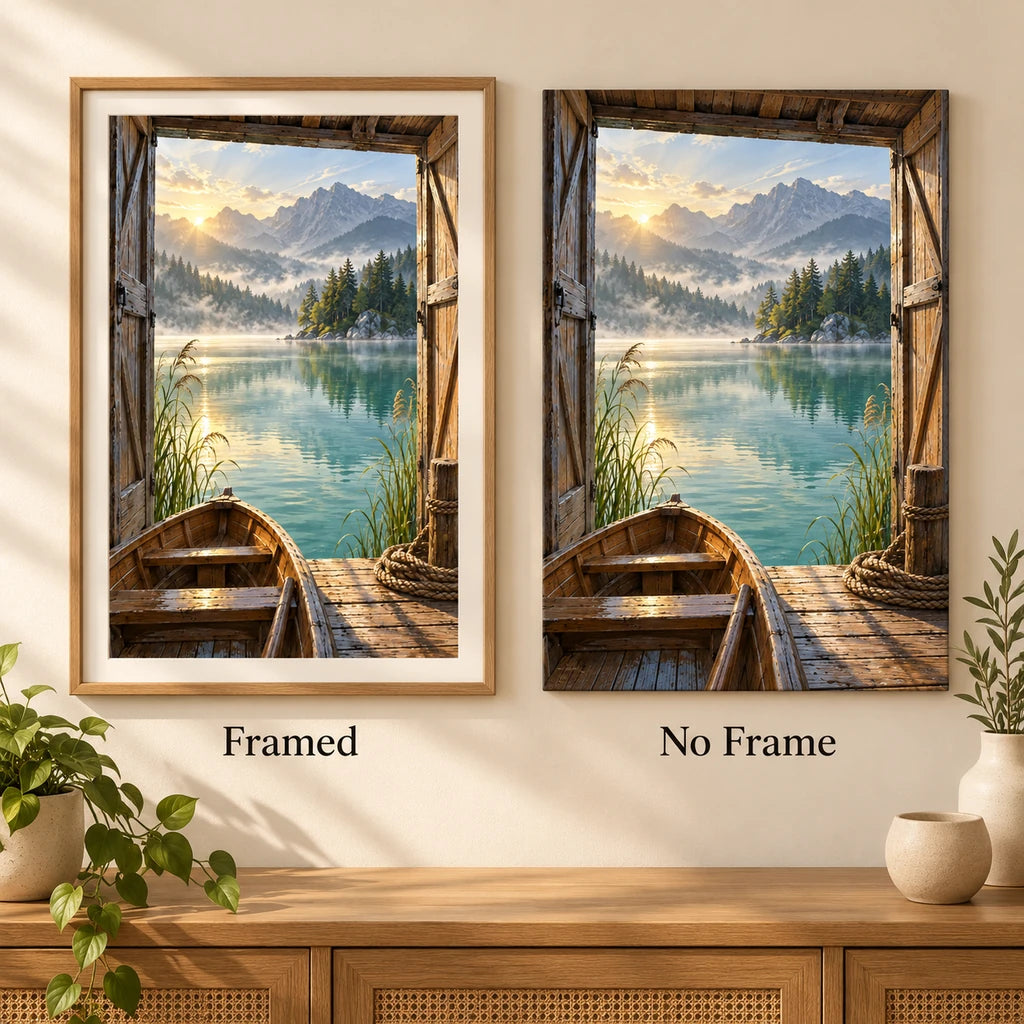 Framed and no-frame comparison for the misty lake boathouse diamond painting.
