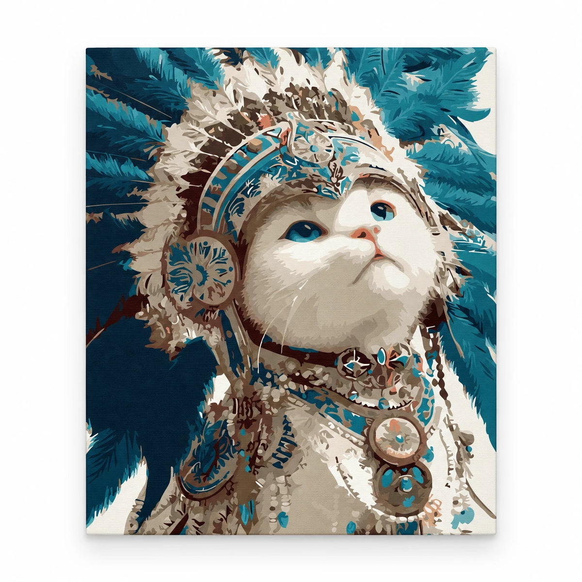 Bohemian White Cat Portrait paint by numbers artwork on a front-facing canvas against a white background