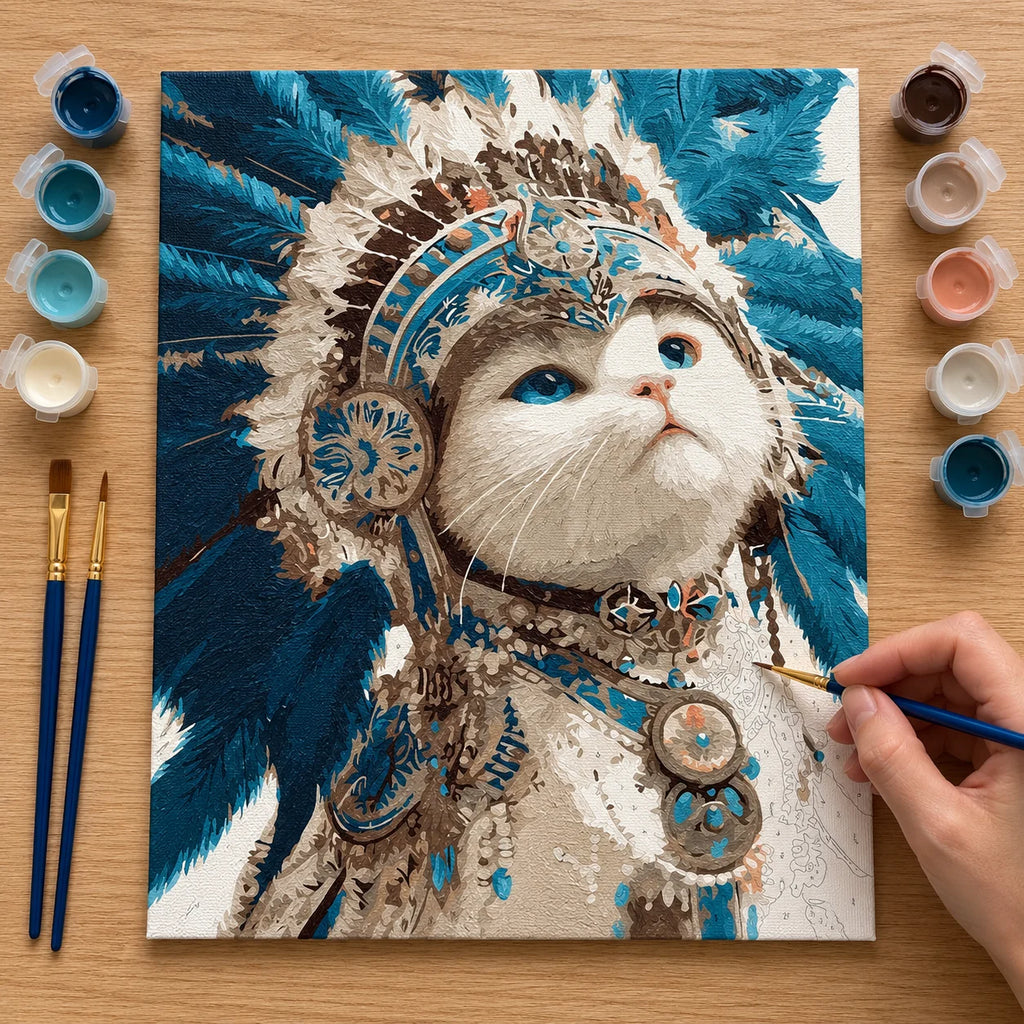 Complete Bohemian White Cat Portrait numbered canvas being painted with acrylic paints and brushes