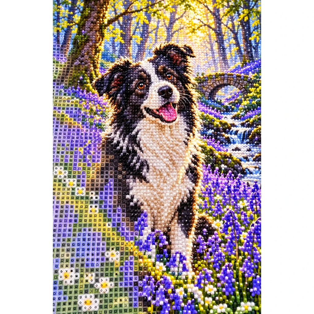 Border Collie Bluebell Woodland Diamond Painting Kit — canvas and drill material detail