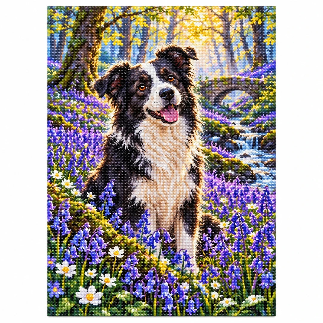 Border Collie Bluebell Woodland Diamond Painting Kit — finished diamond painting on white background