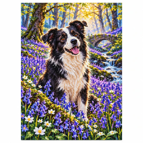 Border Collie Bluebell Woodland Diamond Painting Kit — finished diamond painting on white background