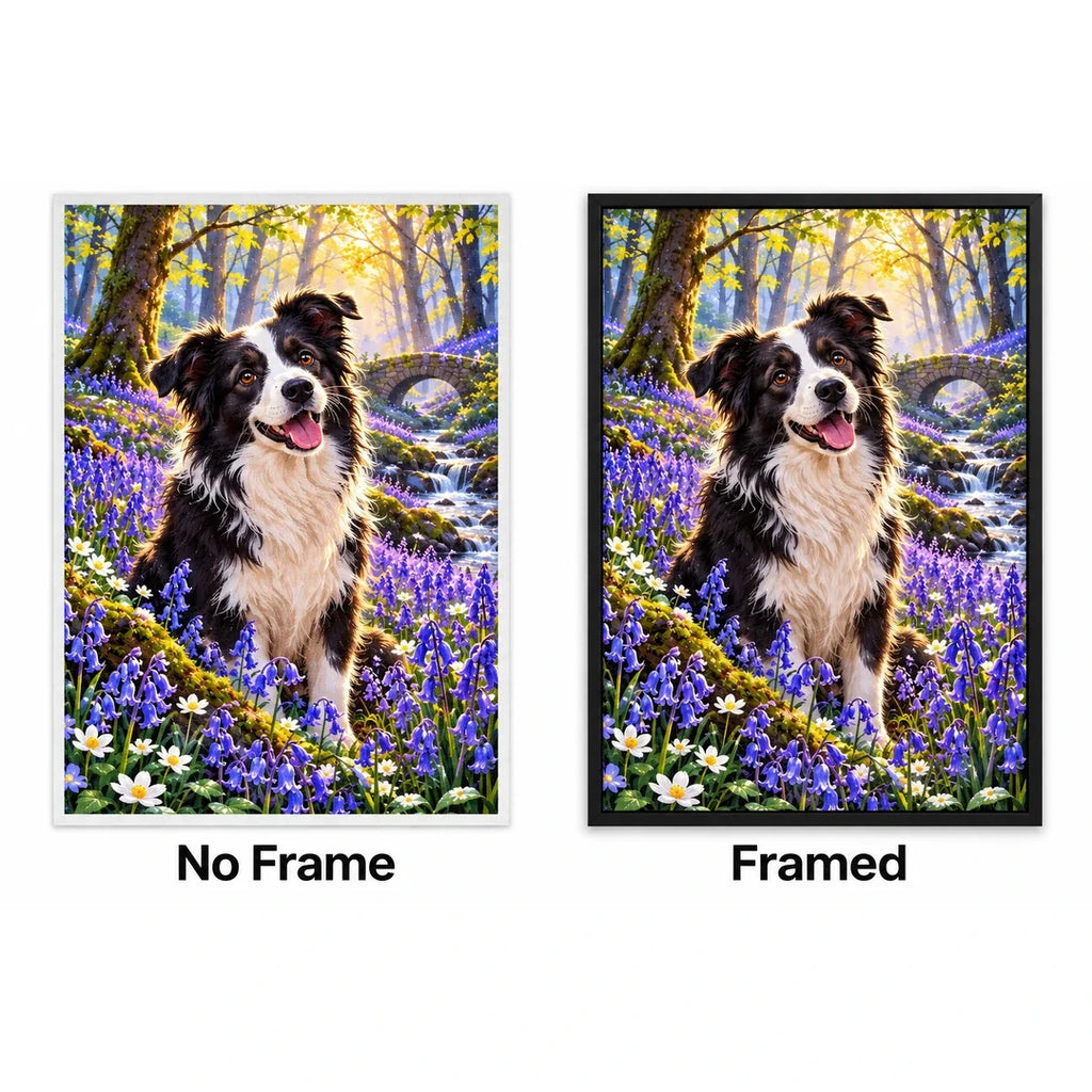 Border Collie Bluebell Woodland Diamond Painting Kit — No Frame and Framed style comparison