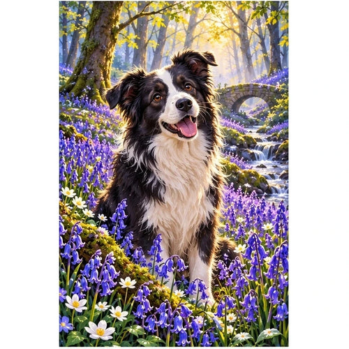 Border Collie Bluebell Woodland Diamond Painting Kit — original white-background artwork