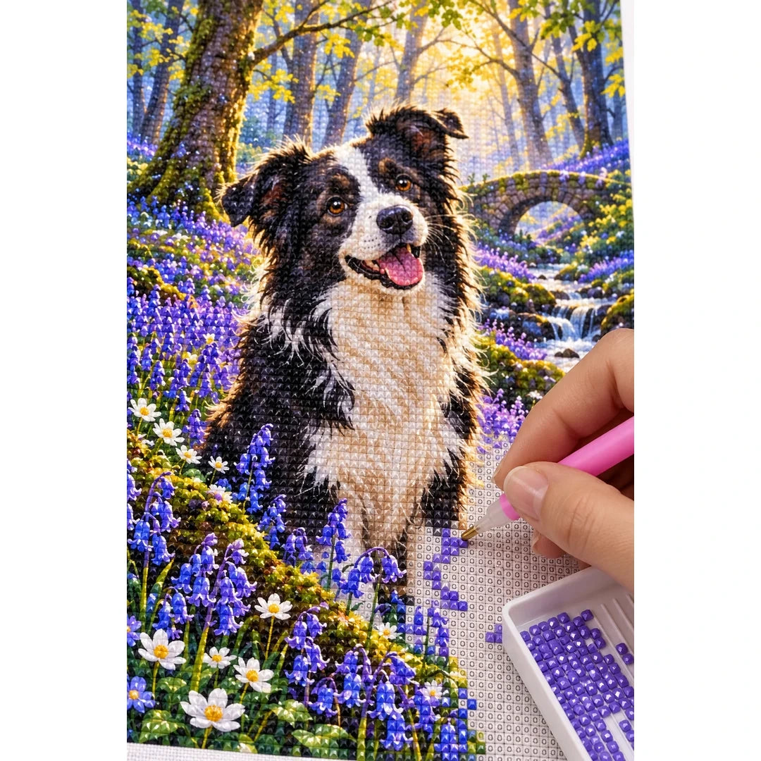 Border Collie Bluebell Woodland Diamond Painting Kit — diamond painting application process