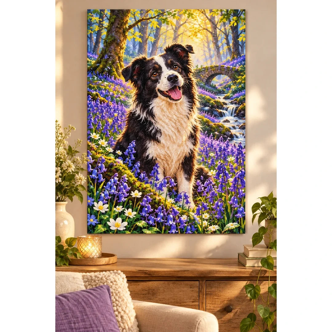 Border Collie Bluebell Woodland Diamond Painting Kit — finished diamond painting in a home setting