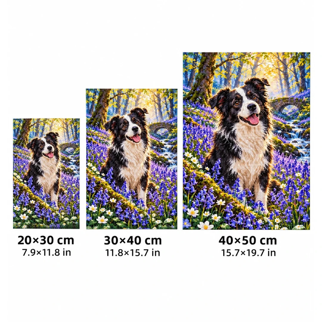 Border Collie Bluebell Woodland Diamond Painting Kit — 20 by 30, 30 by 40, and 40 by 50 centimeter size guide