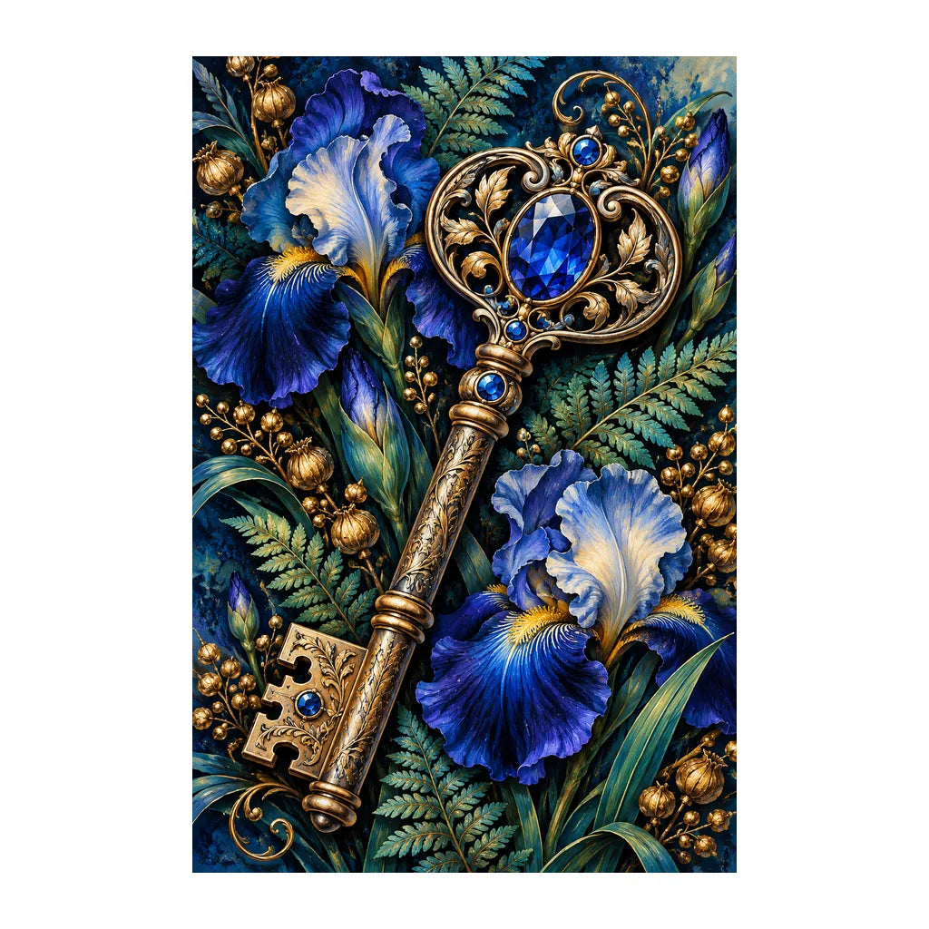 Original white-background artwork of Botanical Key and Blue Iris