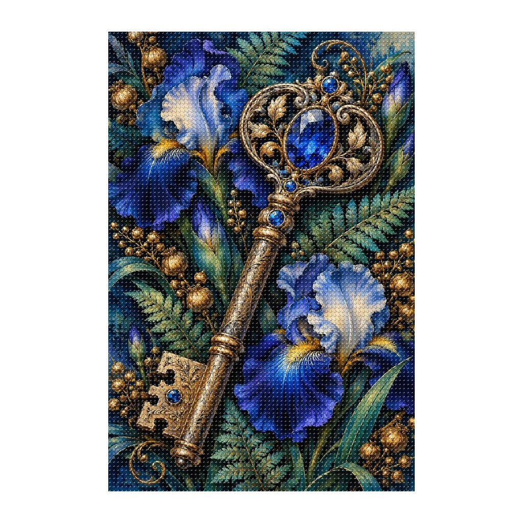 Finished white-background diamond painting of Botanical Key and Blue Iris