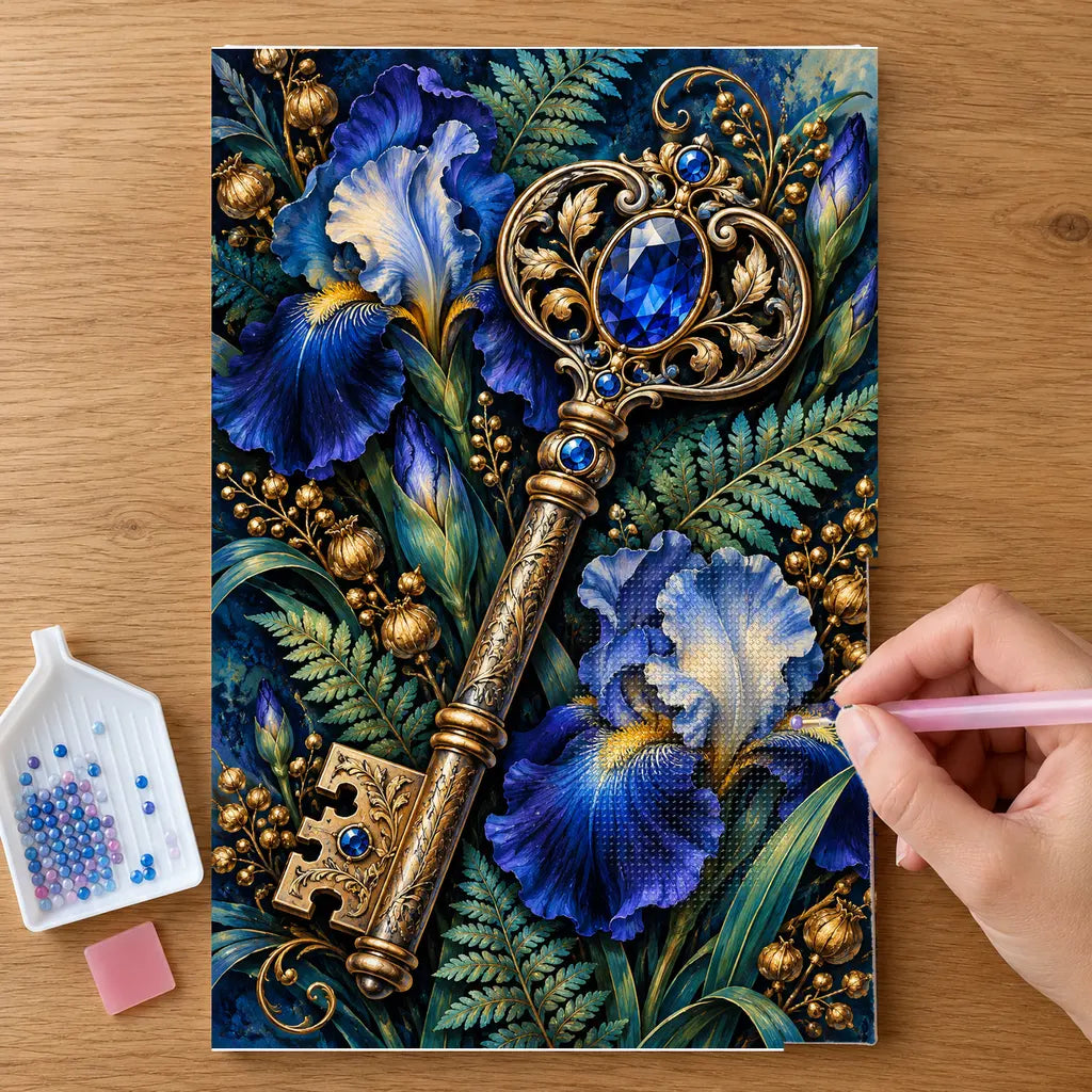 Hands placing drills on the Botanical Key and Blue Iris diamond painting canvas