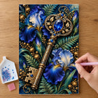 Hands placing drills on the Botanical Key and Blue Iris diamond painting canvas