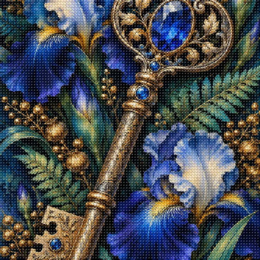 Close-up of sparkling drills on the Botanical Key and Blue Iris design