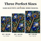 Botanical Key and Blue Iris diamond painting in 20 by 30, 30 by 40, and 40 by 50 centimeter sizes