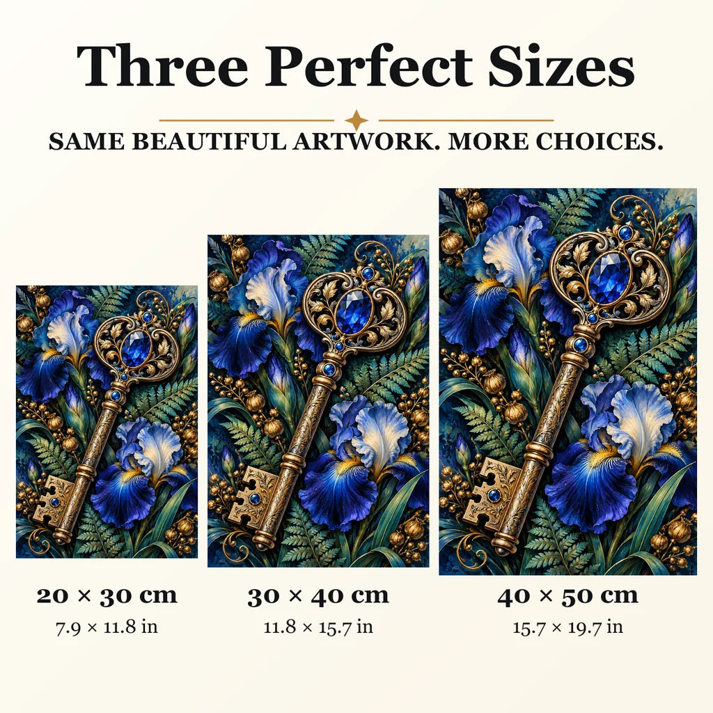 Botanical Key and Blue Iris diamond painting in 20 by 30, 30 by 40, and 40 by 50 centimeter sizes