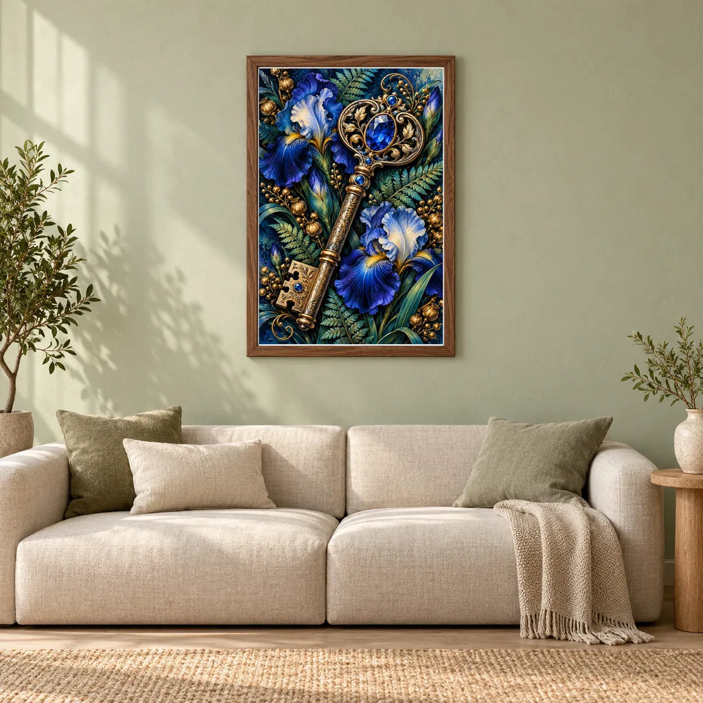 Framed Botanical Key and Blue Iris diamond painting displayed in a home interior