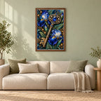 Framed Botanical Key and Blue Iris diamond painting displayed in a home interior