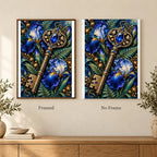 Framed and no-frame options for the Botanical Key and Blue Iris diamond painting