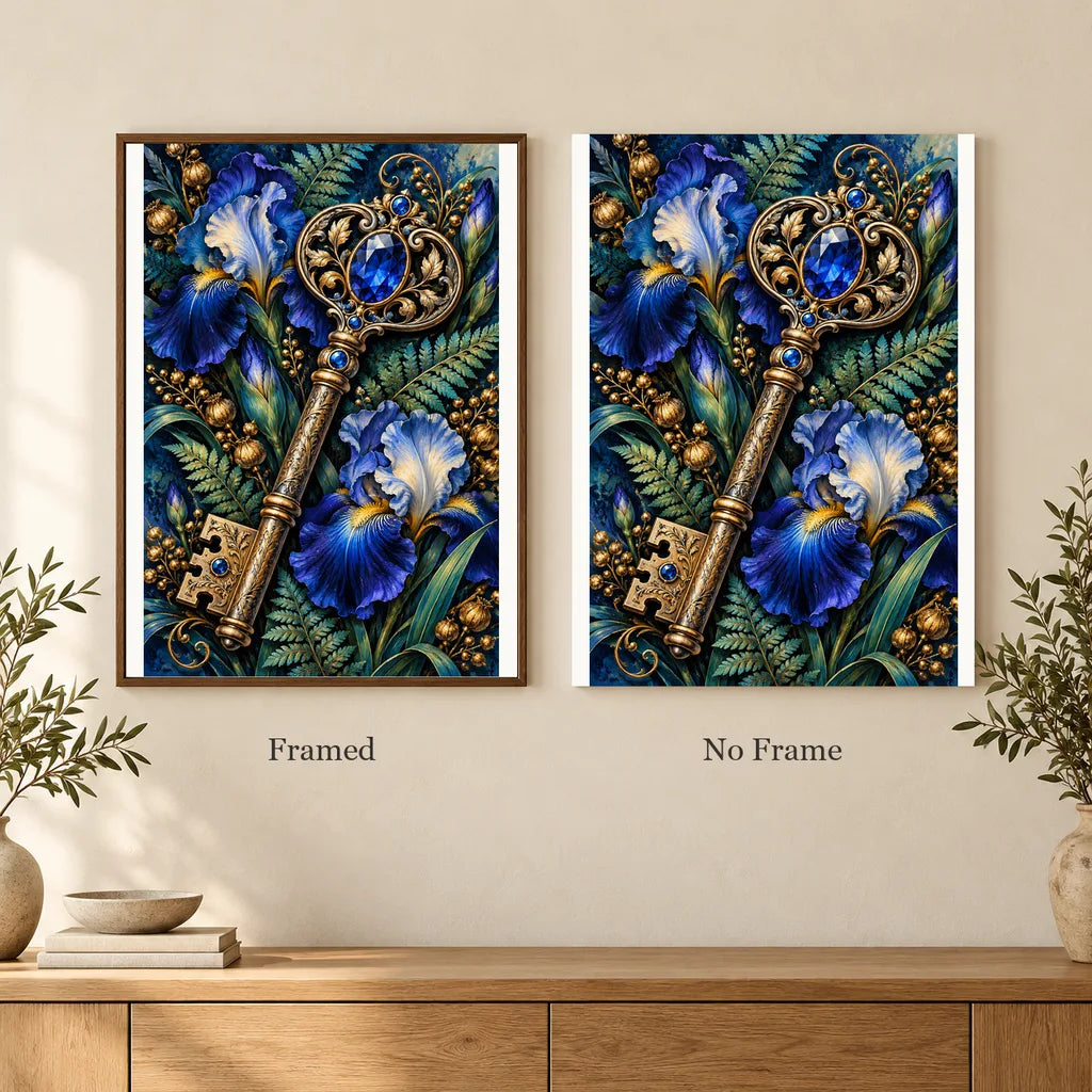 Framed and no-frame options for the Botanical Key and Blue Iris diamond painting