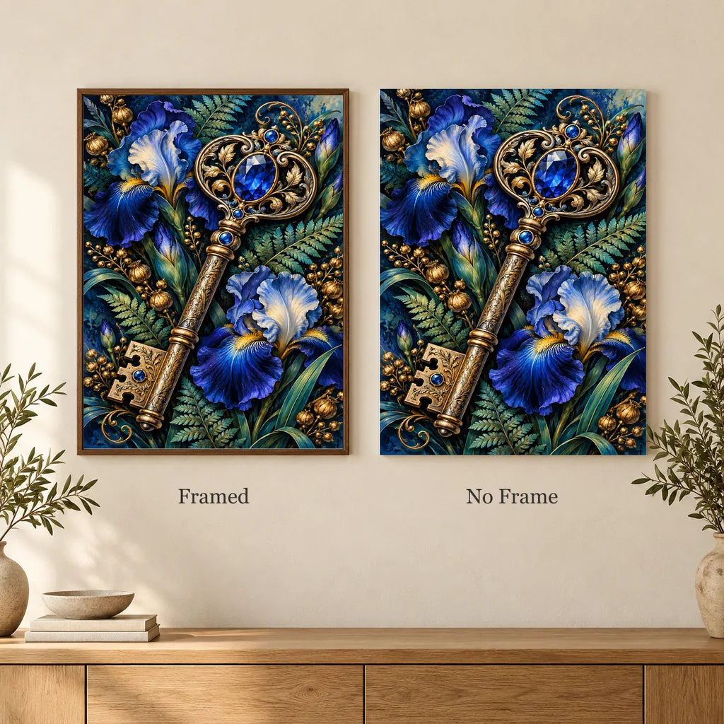 Framed and no-frame options for the Botanical Key and Blue Iris diamond painting